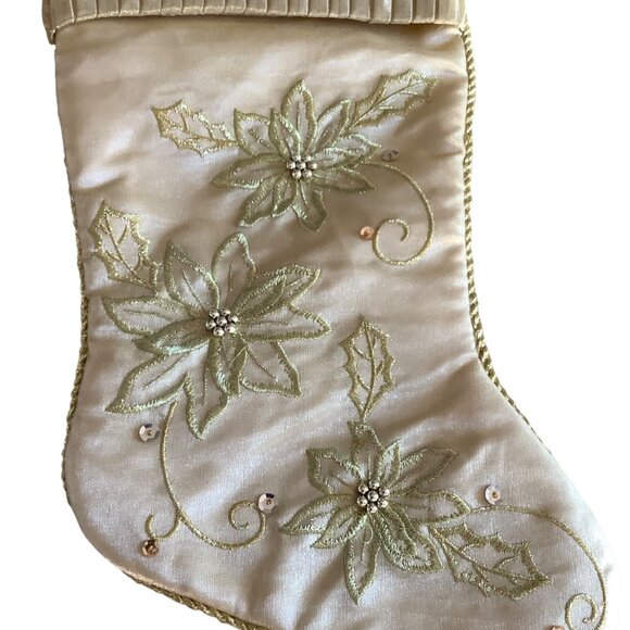 Elegant Embroidered Beaded Christmas Stocking Gold Floral Pleated Cuff 18.5” - Picture 2 of 6